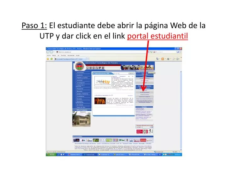 paso 1 el estudiante debe abrir la p gina web de la utp y dar click en el link portal estudiantil