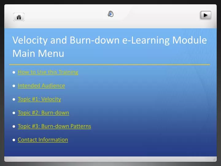 velocity and burn down e learning module main menu
