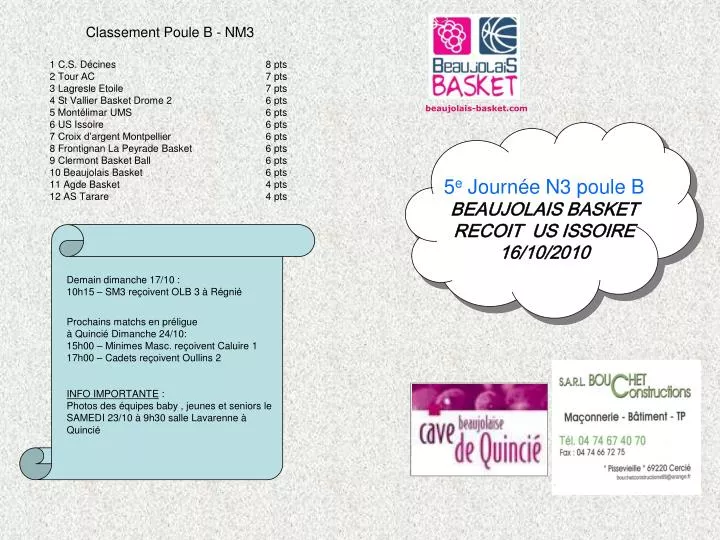 5 e journ e n3 poule b beaujolais basket recoit us issoire 16 10 2010