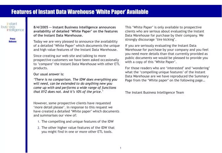 features of instant data warehouse white paper available