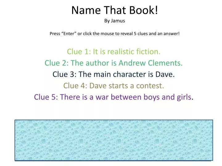 name that book by jamus press enter or click the mouse to reveal 5 clues and an answer