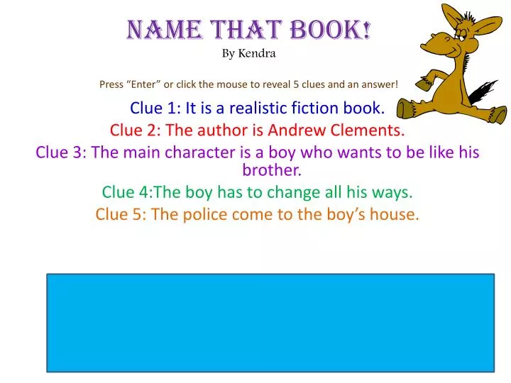 name that book by kendra press enter or click the mouse to reveal 5 clues and an answer