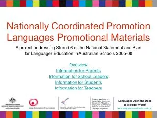 Nationally Coordinated Promotion Languages Promotional Materials