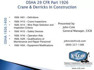 OSHA 29 CFR Part 1926 Crane &amp; Derricks In Construction
