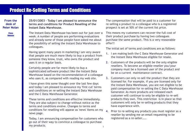 product re selling terms and conditions