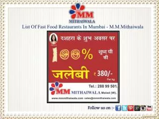 List Of Fast Food Restaurants In Mumbai - M.M.Mithaiwala