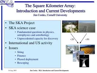 The Square Kilometer Array: Introduction and Current Developments Jim Cordes, Cornell University