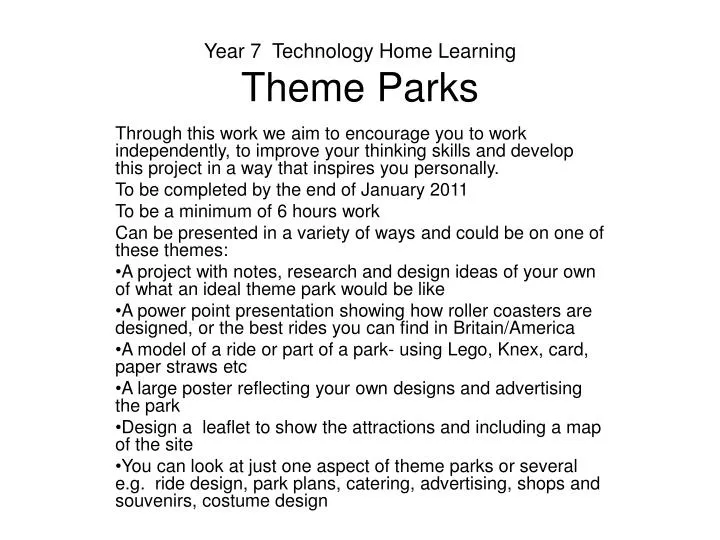 year 7 technology home learning theme parks