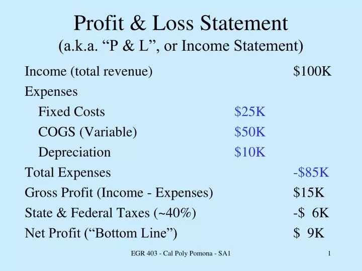 profit loss statement a k a p l or income statement
