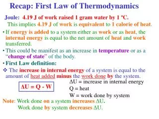 Recap: First Law of Thermodynamics