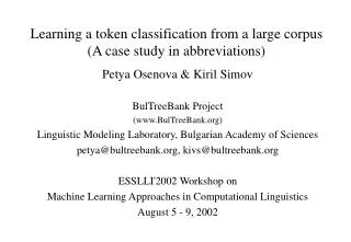 Learning a token classification from a large corpus (A case study in abbreviations)