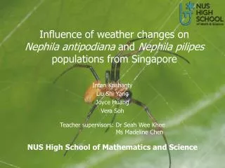 Intan Krishanty Liu Shi Yang Joyce Huang Vera Soh Teacher supervisors: Dr Seah Wee Khee