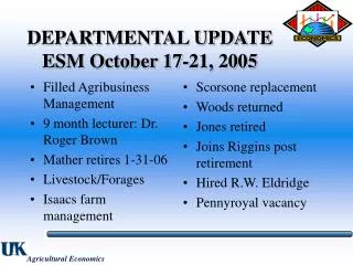 DEPARTMENTAL UPDATE ESM October 17-21, 2005