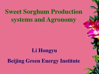 Sweet Sorghum Production systems and Agronomy Li Hongyu Beijing Green Energy Institute