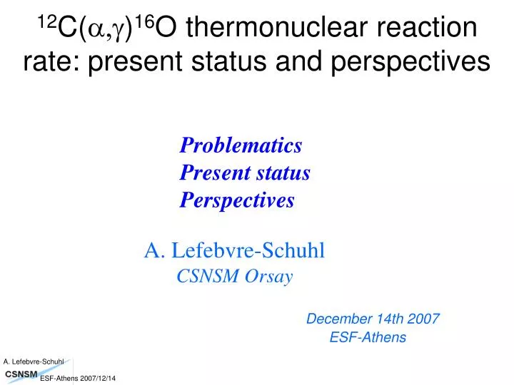 12 c a g 16 o thermonuclear reaction rate present status and perspectives