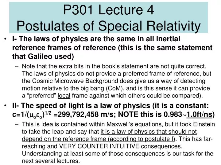 PPT - P301 Lecture 4 Postulates Of Special Relativity PowerPoint ...