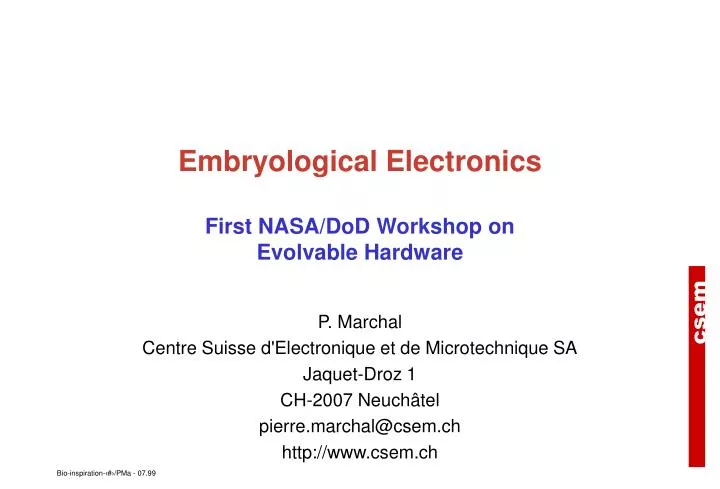 embryological electronics first nasa dod workshop on evolvable hardware