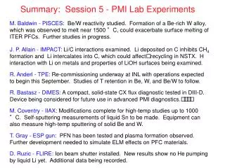 Summary: Session 5 - PMI Lab Experiments