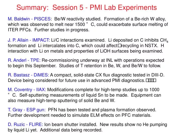 summary session 5 pmi lab experiments