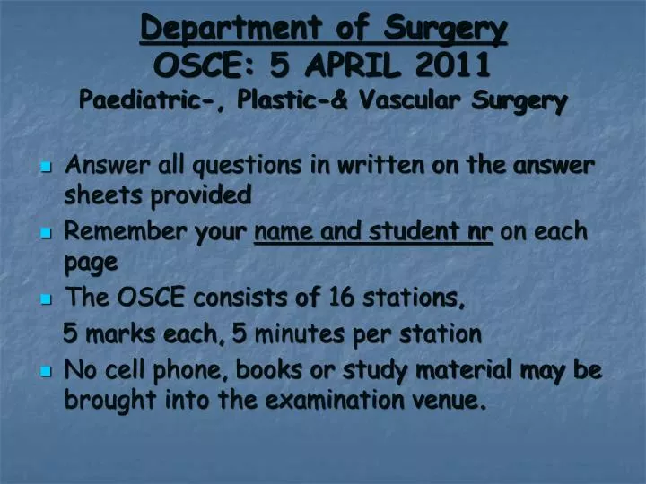 department of surgery osce 5 april 2011 paediatric plastic vascular surgery