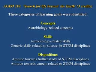 Three categories of learning goals were identified: Concepts Astrobiology-related concepts Skills