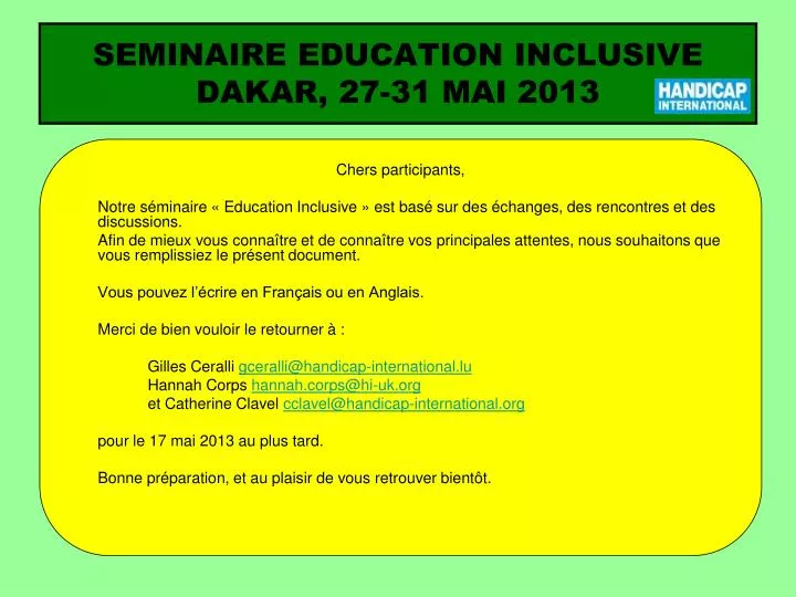 seminaire education inclusive dakar 27 31 mai 2013