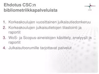 ehdotus csc n bibliometriikkapalveluista