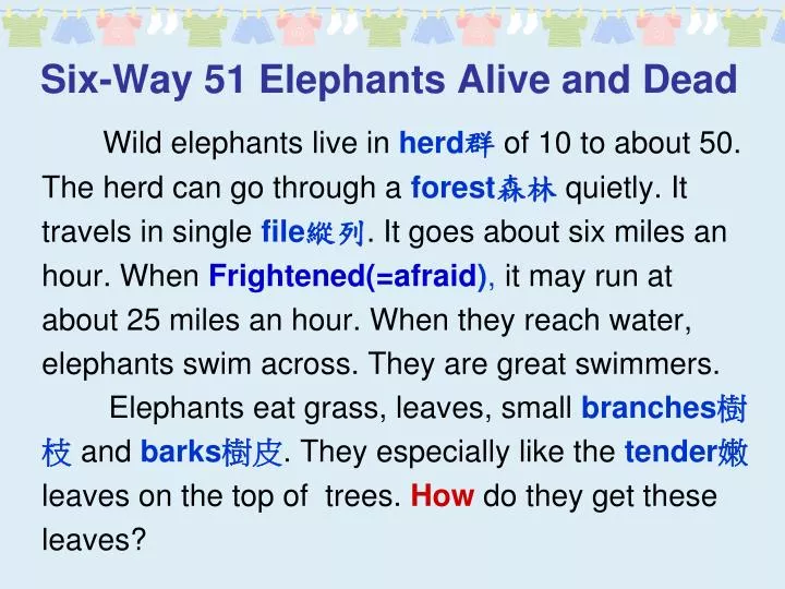 six way 51 elephants alive and dead