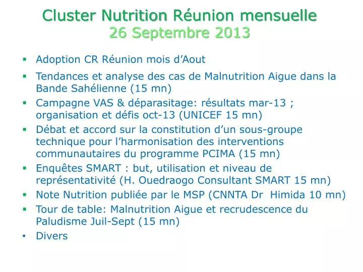 cluster nutrition r union mensuelle 26 septembre 2013