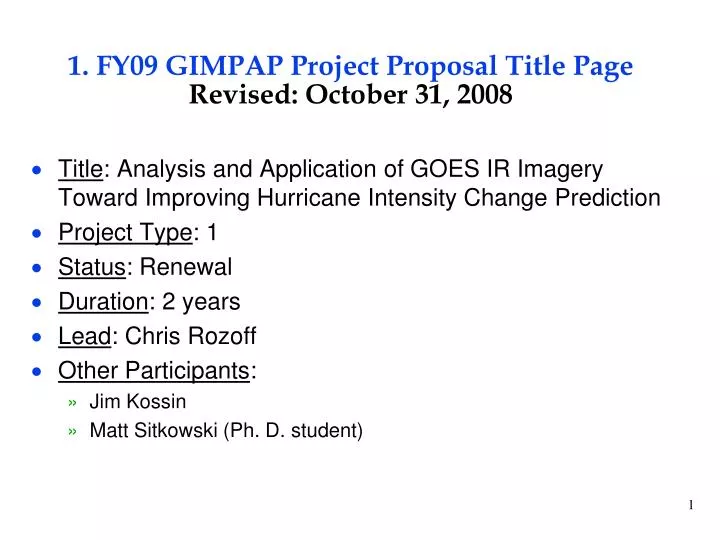 1 fy09 gimpap project proposal title page revised october 31 2008