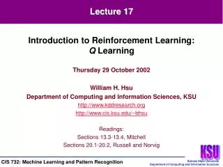 Thursday 29 October 2002 William H. Hsu Department of Computing and Information Sciences, KSU