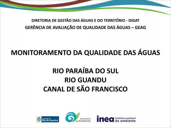 monitoramento da qualidade das guas rio para ba do sul rio guandu canal de s o francisco