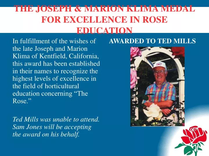 the joseph marion klima medal for excellence in rose education