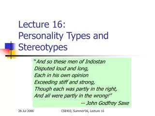 Lecture 16: Personality Types and Stereotypes