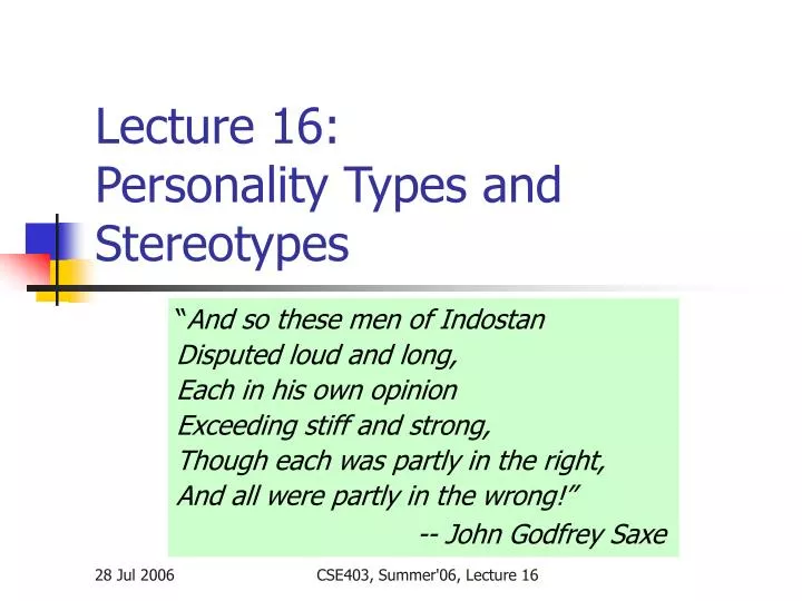 lecture 16 personality types and stereotypes
