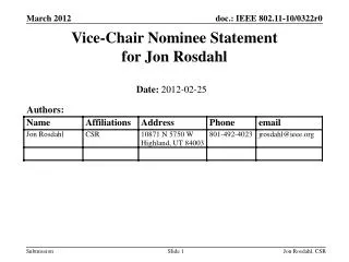 Vice-Chair Nominee Statement for Jon Rosdahl
