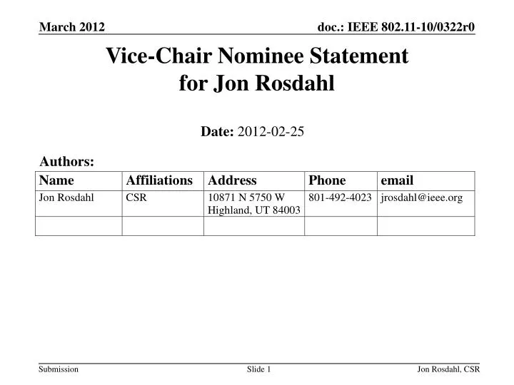 vice chair nominee statement for jon rosdahl