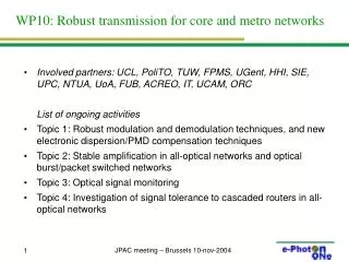 WP10: Robust transmission for core and metro networks