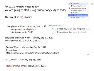 Language of Physics When Tuesday, Sep 13, 2011 Description25 #1, 3, 5; 29 #23, 24, 31