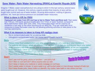 Save Water: Rain Water Harvesting [RWH] at Keerthi Royale [KR]