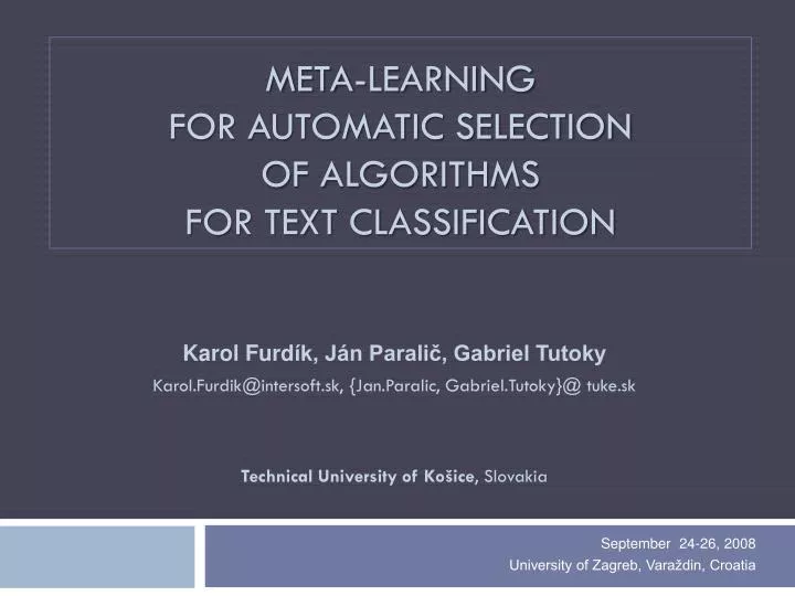 meta learning for automatic selection of algorithms for text classification