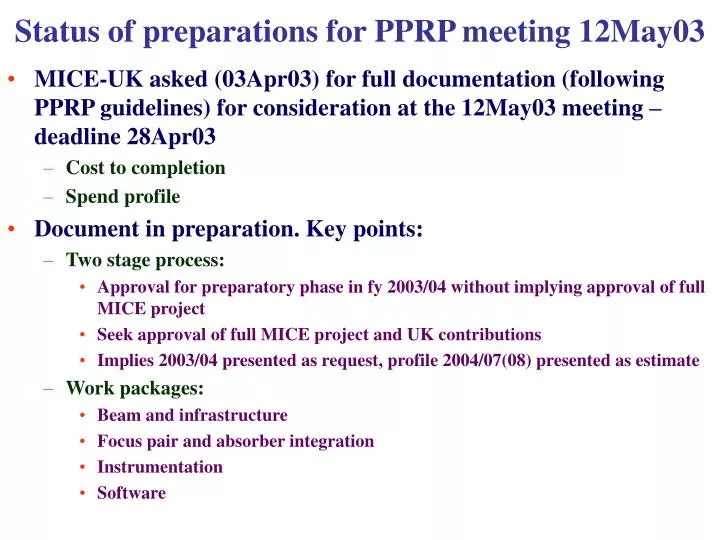 status of preparations for pprp meeting 12may03