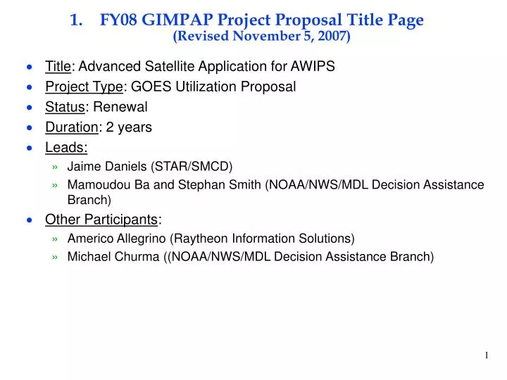 fy08 gimpap project proposal title page revised november 5 2007