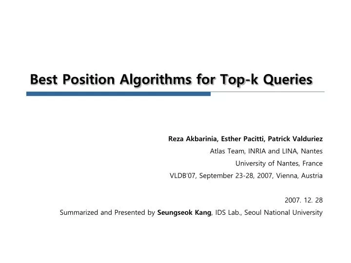 best position algorithms for top k queries