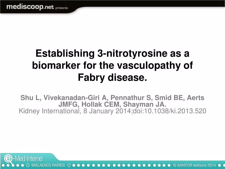 establishing 3 nitrotyrosine as a biomarker for the vasculopathy of fabry disease