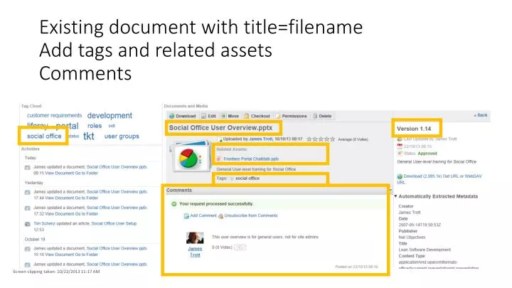 existing document with title filename add tags and related assets comments