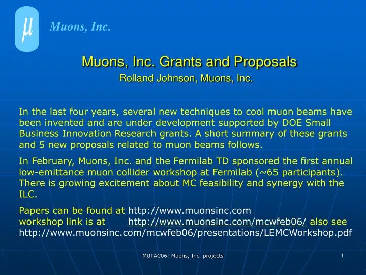 muons inc grants and proposals rolland johnson muons inc