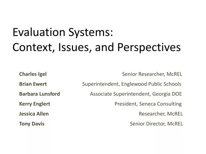 evaluation systems context issues and perspectives