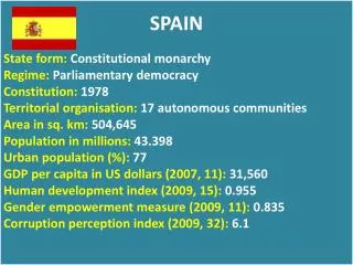 SPAIN State form: Constitutional monarchy Regime: Parliamentary democracy Constitution: 1978