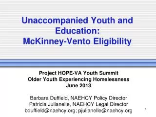 Unaccompanied Youth and Education: McKinney-Vento Eligibility